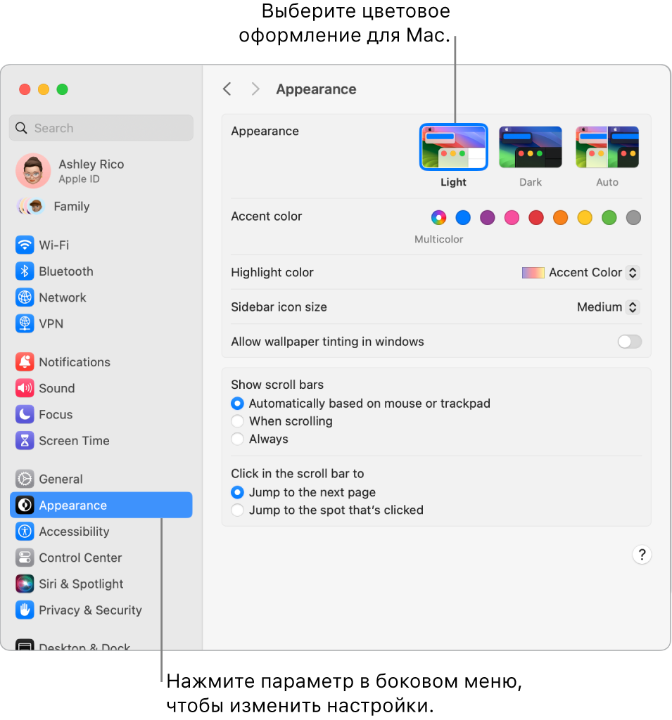 Окно «Оформление» в Системных настройках.
