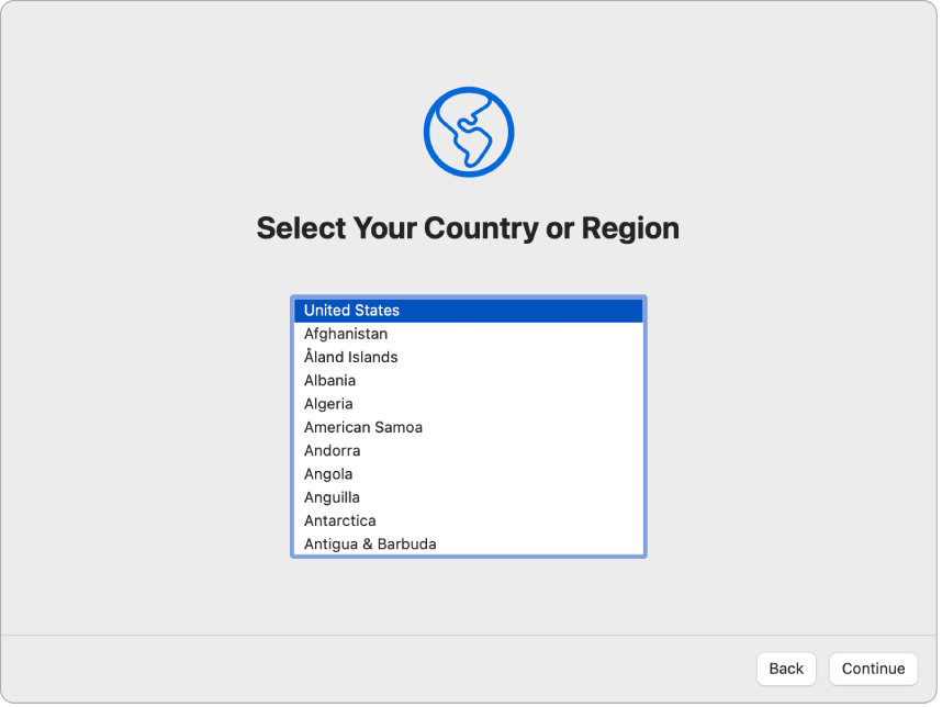 Pantalla de l’Assistent de Configuració que mostra opcions per seleccionar el país o regió d’un usuari.