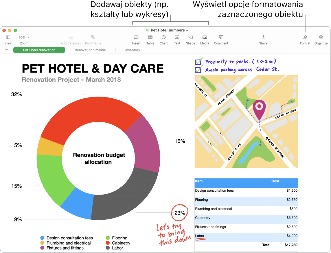 Okno aplikacji Numbers z paskiem narzędzi oraz narzędziami edycji (u góry), przyciskiem udostępniania (po prawej u góry) oraz przyciskami Format i Organizuj (po prawej).