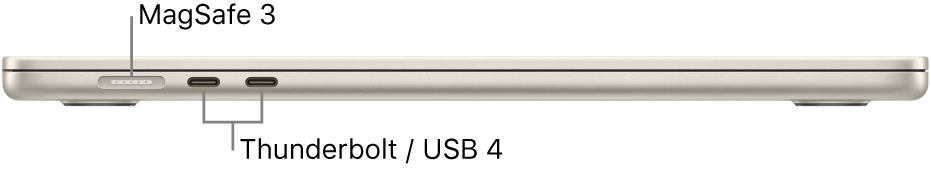 Vista da lateral esquerda de um MacBook Air com chamadas para as portas MagSafe 3 e Thunderbolt / USB 4.