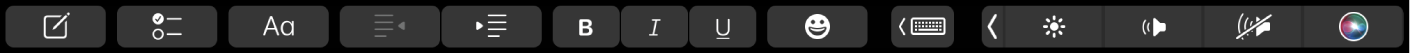 الـ Touch Bar الخاص بتطبيق الملاحظات وتظهر عليه أزرار تنسيق النص. عناصر التحكم في التنسيق تتضمن المحاذة إلى اليمين واليسار، وعريض، ومائل، وتسطير. كما يظهر أيضًا زر إظهار اقتراحات الكتابة.
