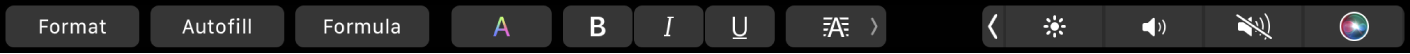 La Touch Bar del Numbers amb els botons Format, Autocompletar i Fórmula. També hi ha botons de format de text de color, negreta, cursiva, subratllat i alineació.