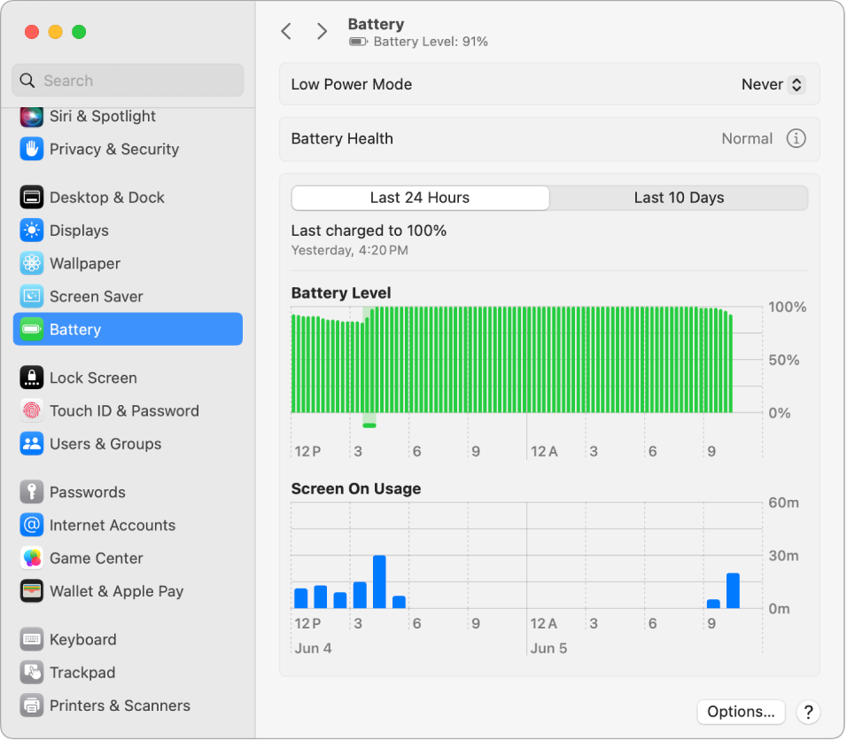 Fenêtre des réglages Batterie affichant la consommation énergétique au cours des dix derniers jours. La fenêtre indique également que l’état de santé de la batterie est normal et affiche une option permettant d’activer « Mode économie d’énergie ».