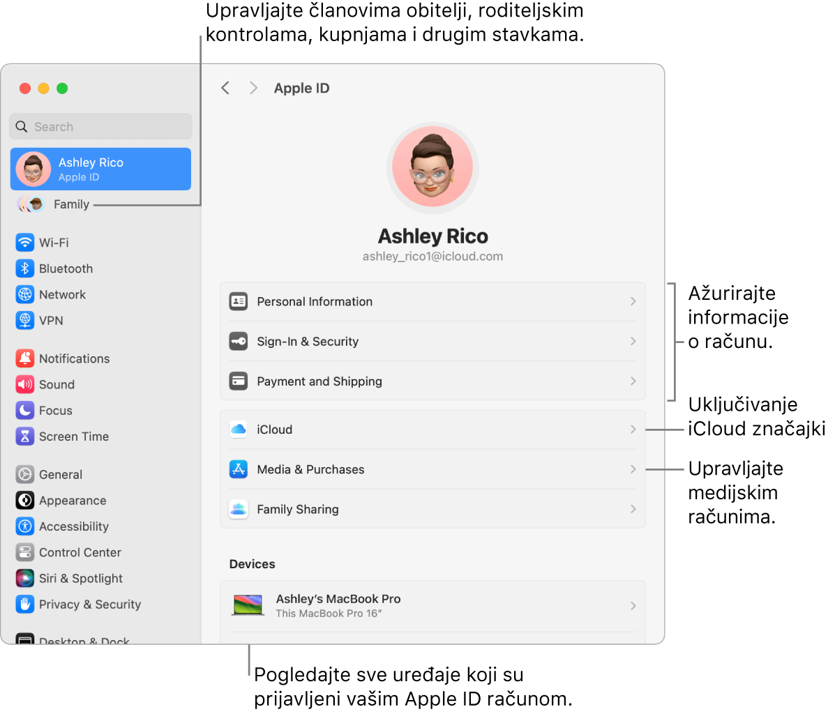 Postavke Apple ID-ja u Postavkama sustava s oblačićima za ažuriranje informacija o računu, uključivanje ili isključivanje značajki iClouda, upravljanje medijskim računima i Obitelji, gdje možete upravljati članovima obitelji, roditeljskim kontrolama, kupnjama i ostalim.