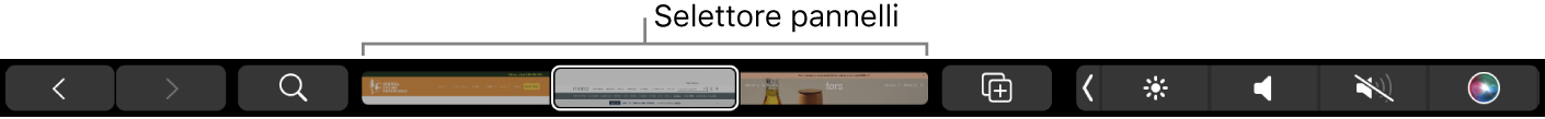 La Touch Bar di Safari con le frecce per andare avanti e indietro, il pulsante di ricerca, la barra di scorrimento dei pannelli e il pulsante per aggiungere i segnalibri.