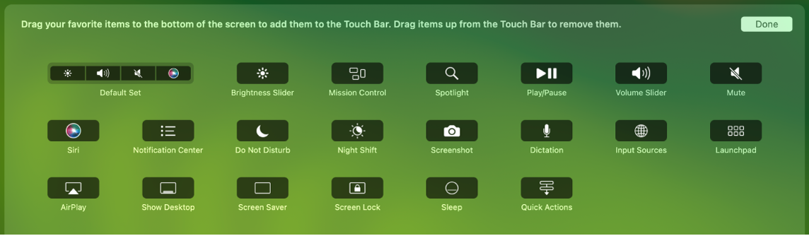 Articolele pe care le puteți personaliza pe Control Strip trăgându‑le în Touch Bar.