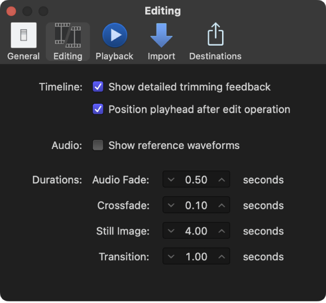 El panel Edición de la ventana Ajustes de Final Cut Pro