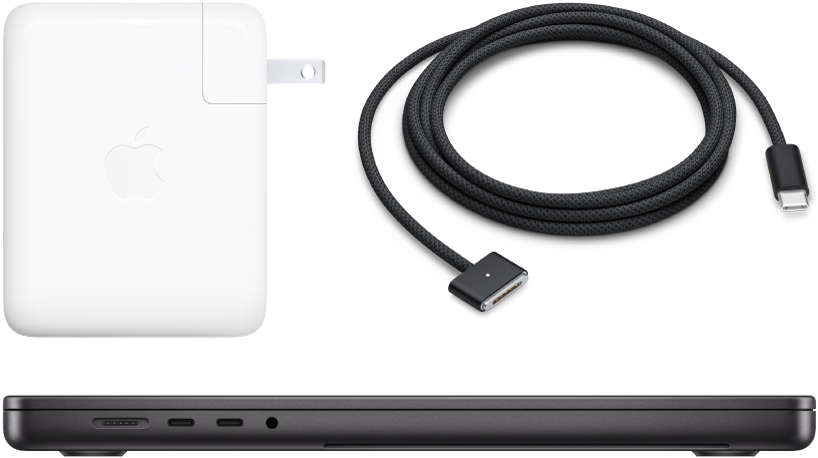 액세서리가 있는 MacBook Pro 16 측면 모습.