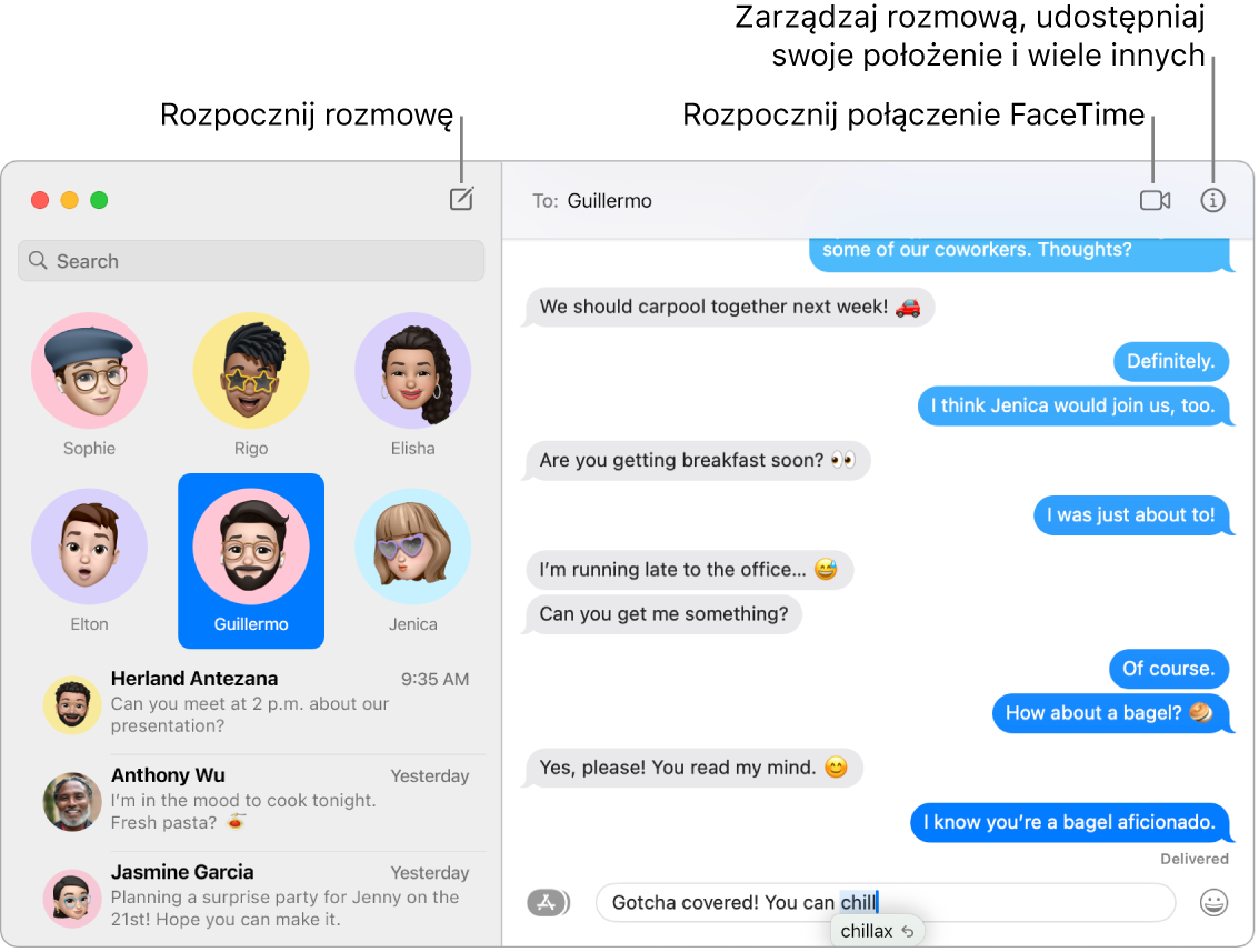 Okno aplikacji Wiadomości z opisami przycisków rozpoczynania rozmowy oraz połączenia FaceTime.