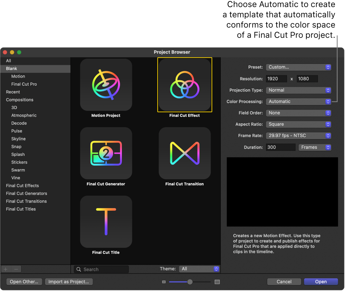 Explorador de proyectos, con el icono “Efecto de Final Cut” seleccionado y el parámetro “Procesamiento de color” definido como Automático