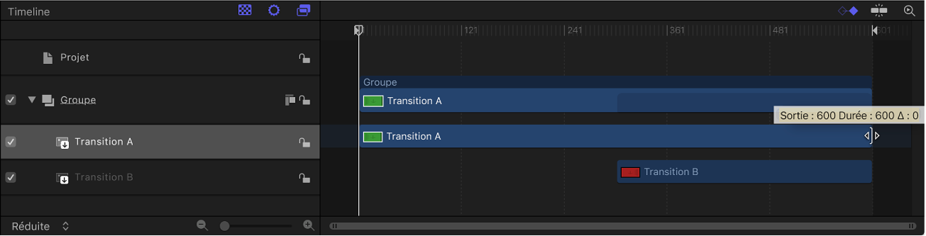 Glissement de la barre de temps de Transition A dans la timeline