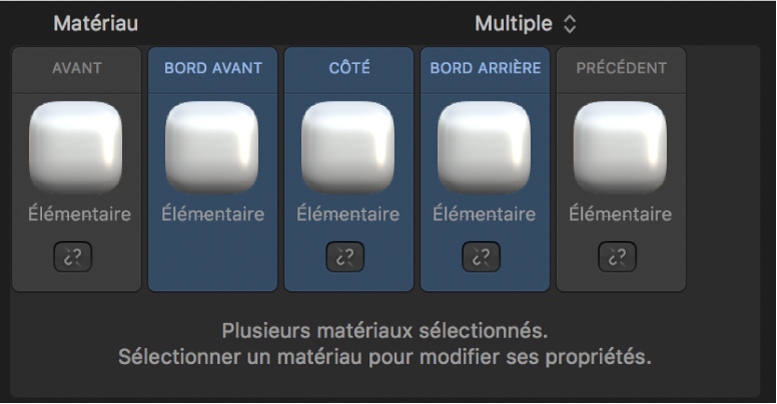 Inspecteur de texte 3D affichant le menu local Matériau réglé sur Multiple et identifiant les commandes de liaison