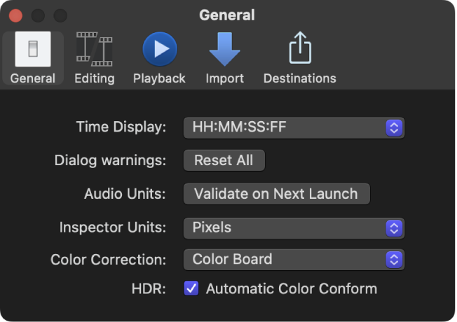Bereich „Allgemein“ im Final Cut Pro-Fenster „Einstellungen“