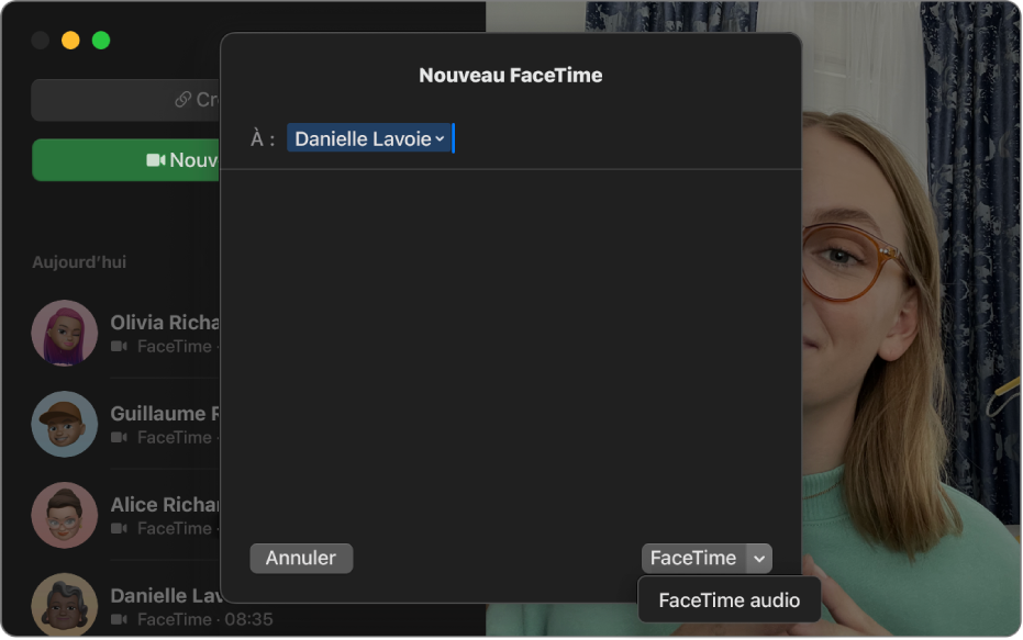 Une fenêtre « Nouvel appel FaceTime », affichant lʼoption permettant de lancer un appel FaceTime vidéo ou un appel FaceTime audio.