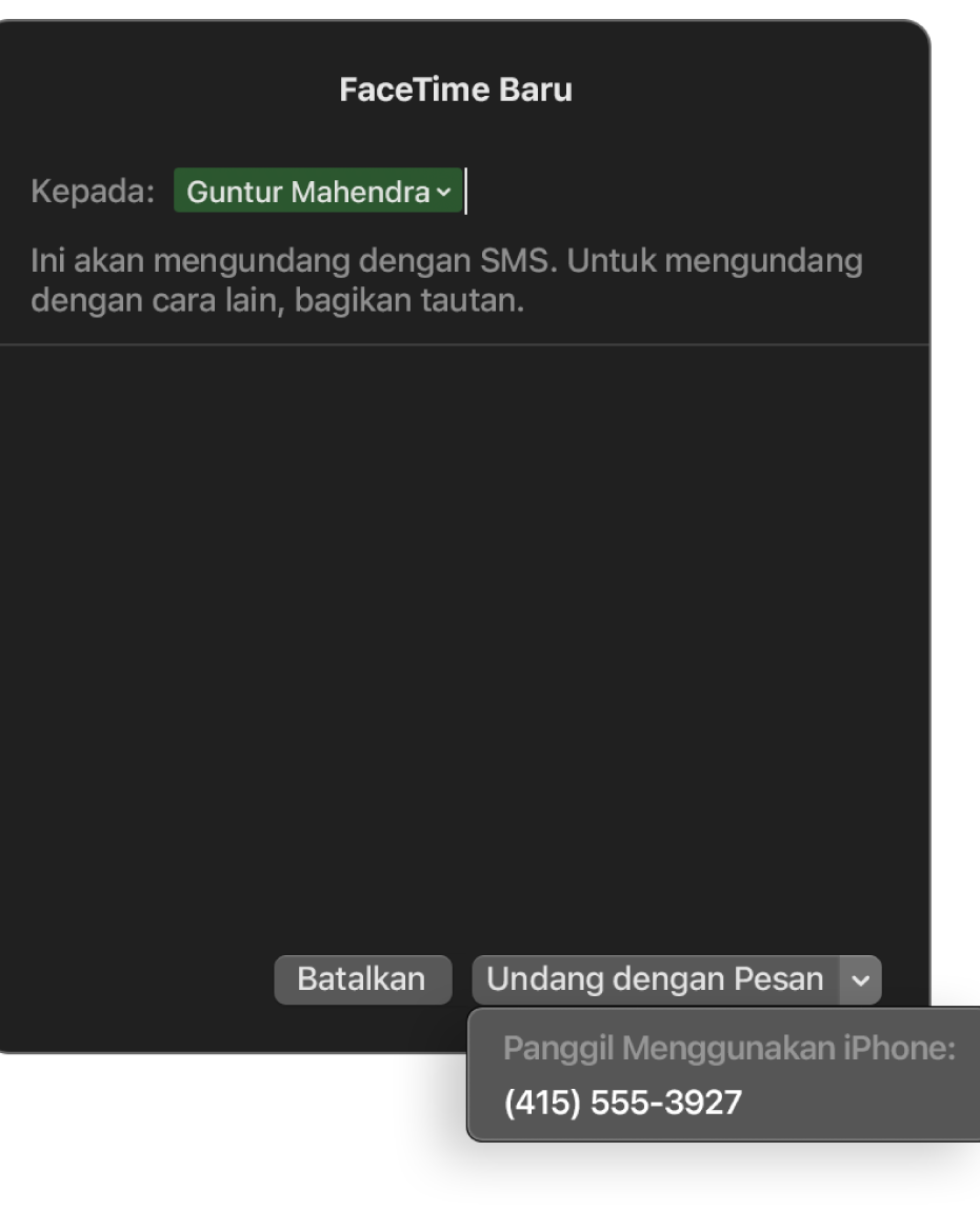 Jendela FaceTime Baru dengan nama orang di bidang Kepada. Jendela pop-up di bagian bawah bertuliskan untuk mengundang dengan Pesan (mengirim SMS) atau memanggil menggunakan iPhone.