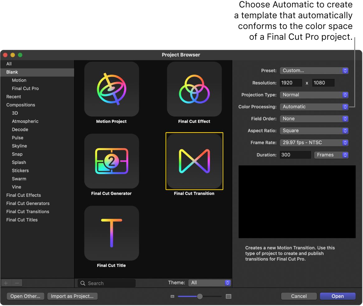 Explorador de proyectos, con el icono “Transición de Final Cut” seleccionado y el parámetro “Procesamiento de color” definido como Automático