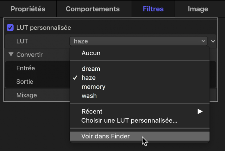 Inspecteur de filtres affichant l’option « Afficher dans le Finder » dans le menu local LUT