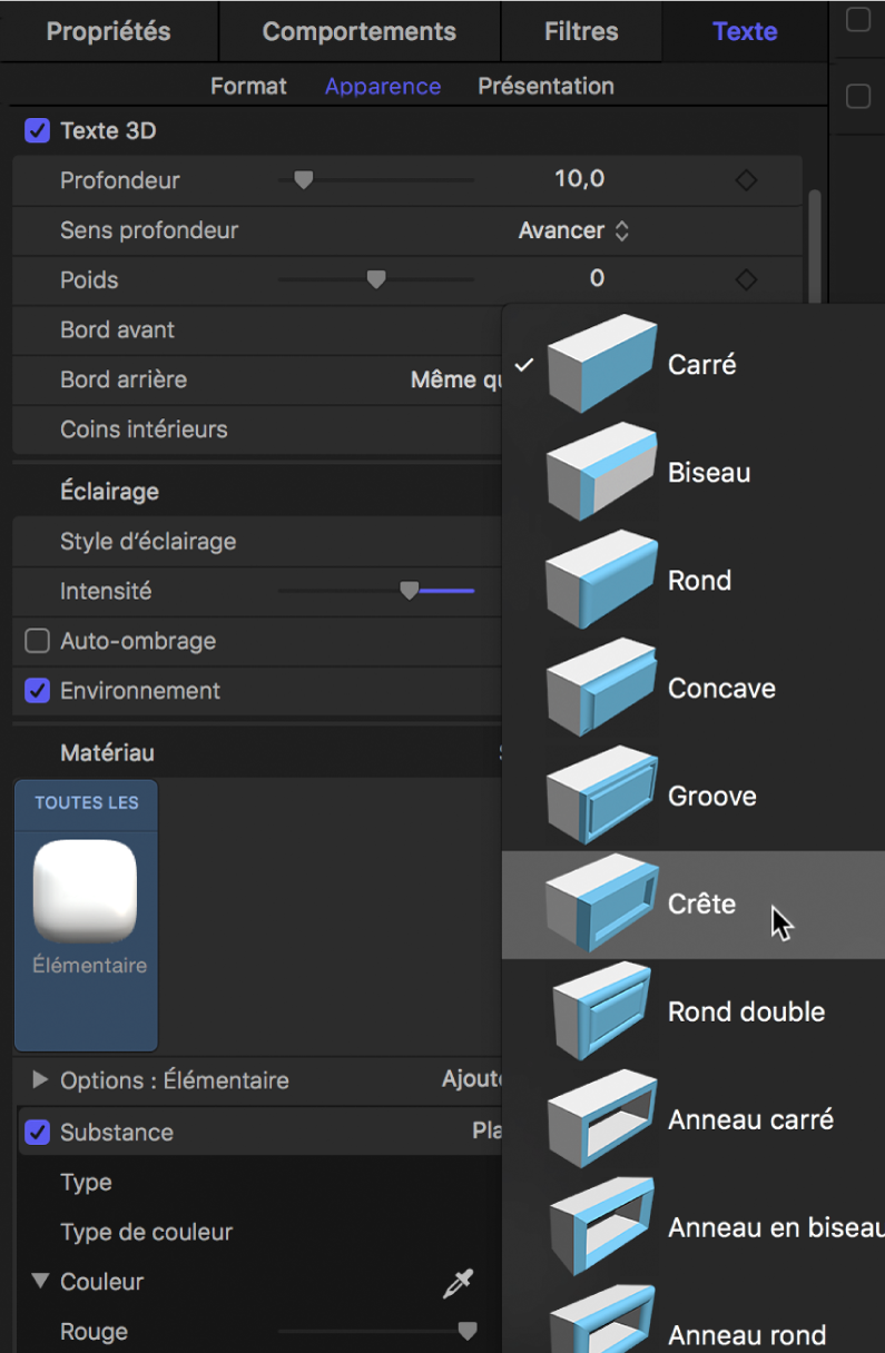 Inspecteur affichant des options de forme Bord avant du texte 3D