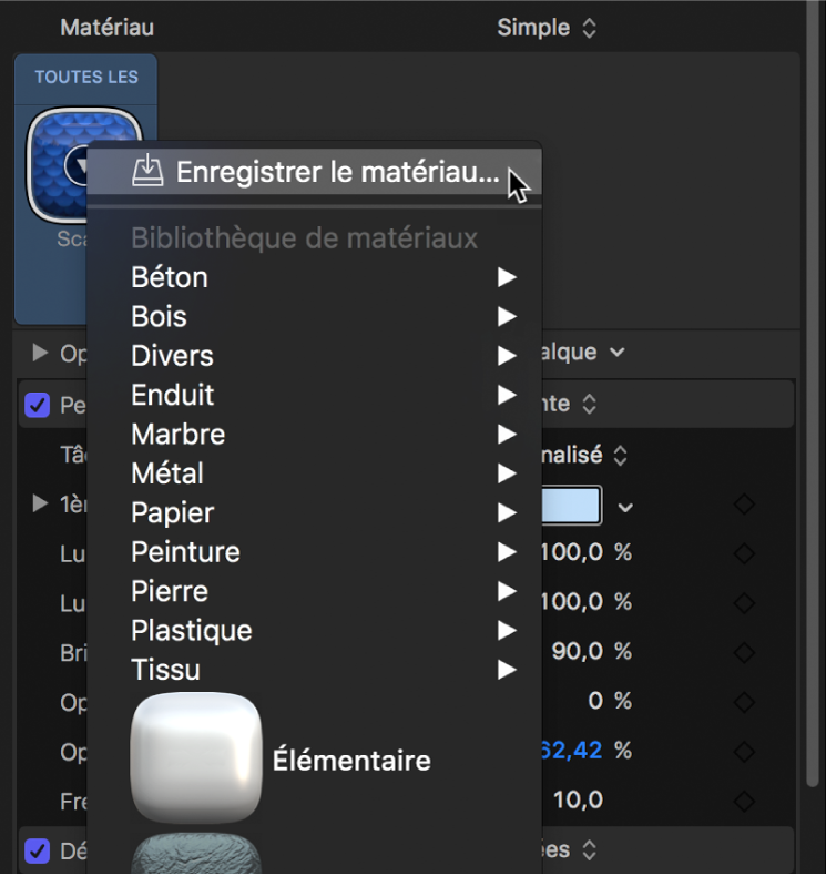 Inspecteur de texte 3D affichant l’option Enregistrer le matériau du menu local des préréglages de matériau