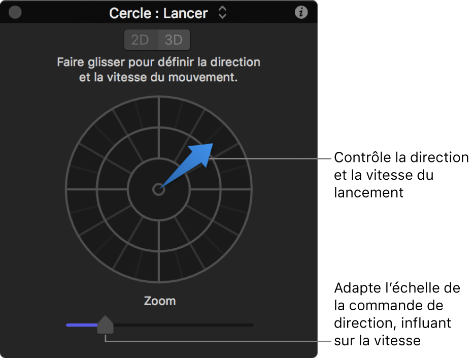Palette affichant les commandes du comportement Lancer en mode 2D