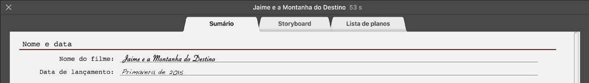 Painel Sumário do trailer