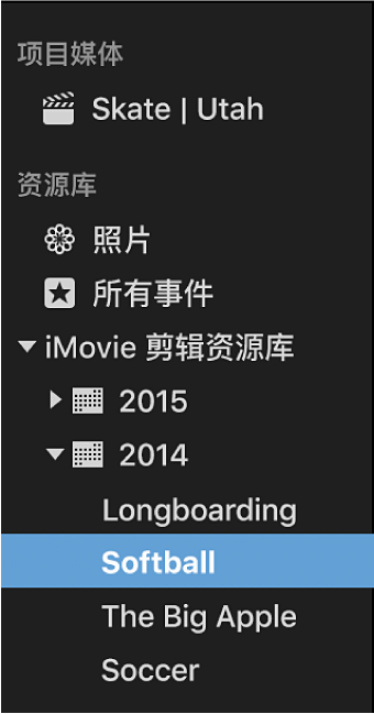 “资源库”列表,带有按年排序并分组的事件