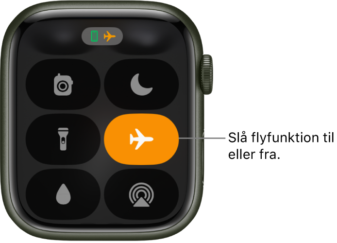Kontrolcenter med knappen Flyfunktion markeret viser, at Flyfunktion er slået til.
