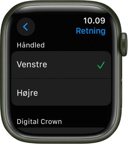 Skærmen Retning på Apple Watch. Du kan indstille retning for håndled og for Digital Crown.