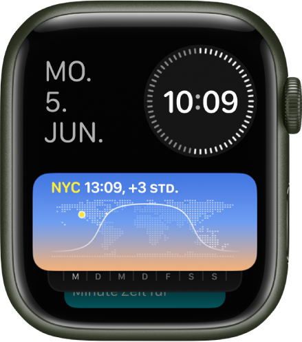 Der Smart-Stapel auf der Apple Watch mit drei Widgets: Tag und Datum oben links, die digitale Uhrzeit oben rechts und „Weltuhr“ in der Mitte.