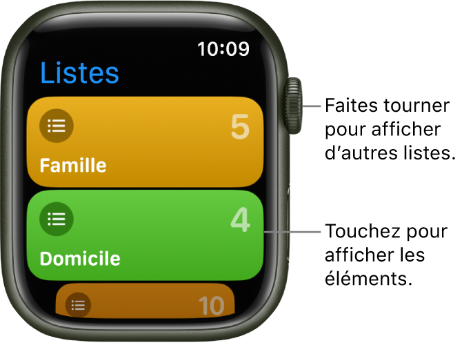 L’écran Listes de l’app Rappels affichant deux boutons de liste : Famille et Domicile. Les chiffres sur la droite indiquent combien de rappels se trouvent dans chaque liste. Touchez une liste pour en afficher les éléments, ou faites tourner la Digital Crown pour afficher plus de listes.