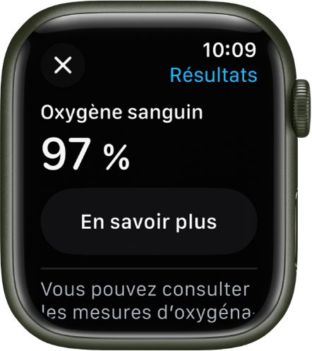 L’écran de résultats d’Oxygène sanguin affichant une saturation du sang en oxygène de 97 %. Un bouton En savoir plus figure en dessous.
