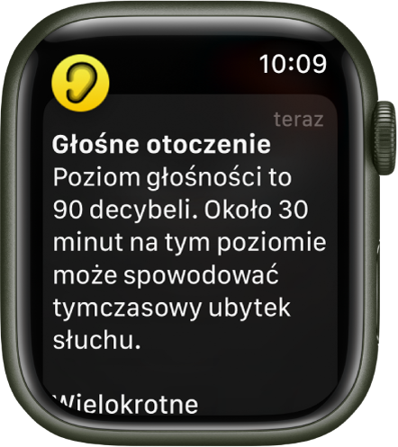 Apple Watch wyświetlający powiadomienie dotyczące poziomu hałasu. Ikona aplikacji powiązanej z powiadomieniem pojawia się w lewym górnym rogu. Możesz w nią stuknąć, aby otworzyć daną aplikację.