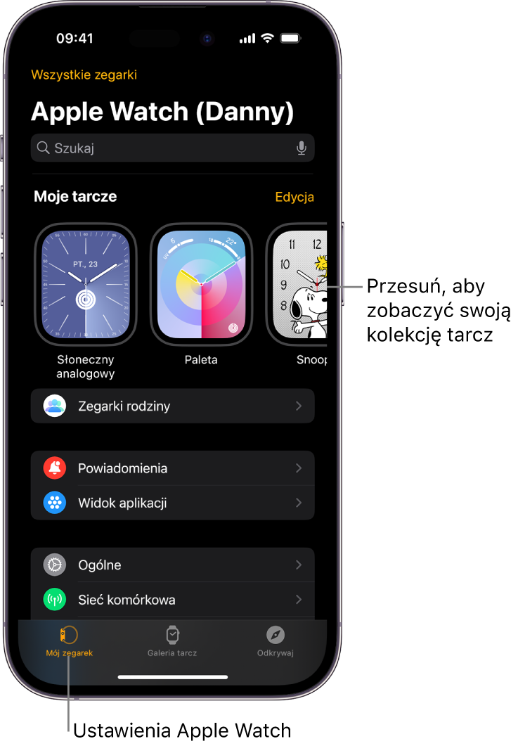 iPhone z otworzoną aplikacją Apple Watch, wyświetlającą ekran Mój zegarek. Na górze widoczne są tarcze zegarka, poniżej wyświetlane są ustawienia. Na dole ekranu aplikacji Watch znajdują się trzy karty. Pierwsza karta od lewej to Mój zegarek, dająca dostęp do ustawień Apple Watch. Następna karta to Galeria tarcz, gdzie możesz przeglądać dostępne tarcze i komplikacje. Kolejna karta to Odkrywaj, gdzie możesz dowiedzieć się więcej o Apple Watch.