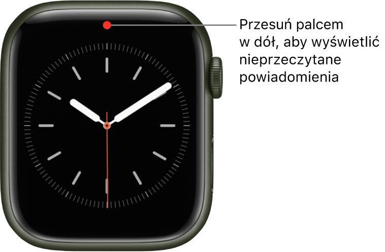 Gdy masz nieprzeczytane powiadomienie, na górze tarczy zegarka pojawia się czerwona kropka.
