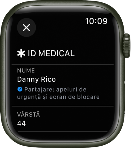 Ecranul ID Medical de pe Apple Watch afișând numele și vârsta utilizatorului. Sub nume se află o bifă care arată că ID‑ul medical este partajat pe ecranul de blocare. Un buton Închideți este în stânga sus.