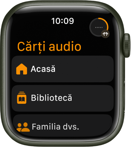 Aplicația Cărți audio prezentând butoanele Acasă, Bibliotecă și Familia dvs.
