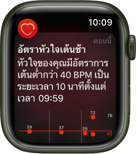 หน้าจออัตราหัวใจเต้นช้าที่แสดงการแจ้งเตือนว่าอัตราการเต้นของหัวใจของคุณต่ำกว่า 40 BPM เป็นเวลา 10 นาที