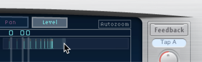 Glissement horizontal des barres en surbrillance de l’écran Overview de Delay Designer pour faire un zoom avant ou arrière sur l’écran Tap.