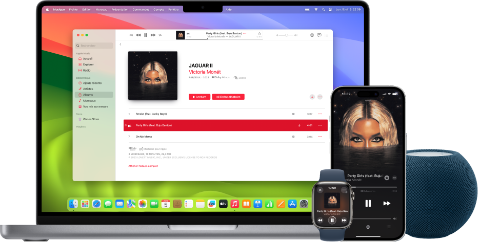Un morceau en cours de lecture sur un Mac, un iPhone et une Apple Watch, avec un HomePod.