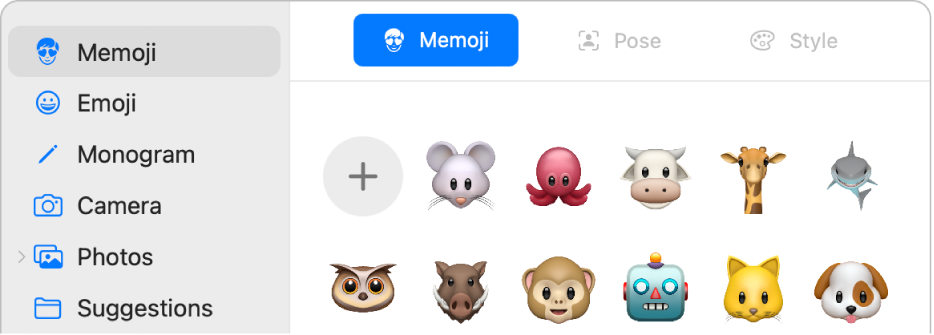 Pilihan gambar Apple ID dengan Memoji dipilih dalam bar sisi dan pelbagai Memoji ditunjukkan.