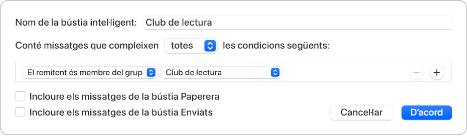 Finestra del grup intel·ligent que mostra els criteris d’un grup anomenat “club de lectura”. El grup té dues condicions. La primera condició és “El remitent és membre del grup”. La segona condició és “Club de lectura”.