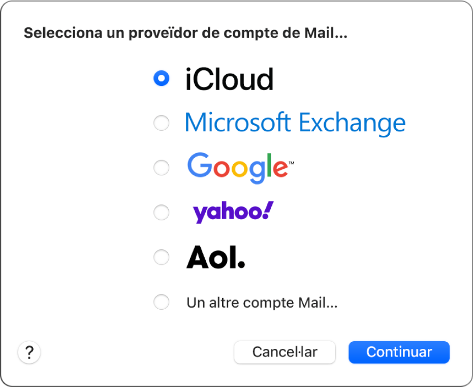 Finestra de l’app Mail on es mostra el quadre de diàleg del compte.