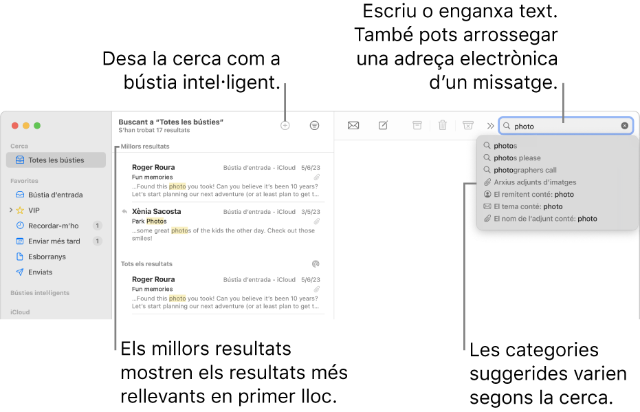 La bústia on es fa la cerca es ressalta a la barra de cerca. Per buscar en una altra bústia, fes clic al seu nom. Pots introduir o enganxar text al camp de cerca, o arrossegar una adreça electrònica des d’un missatge. A mesura que escrius, els suggeriments apareixen sota el camp de cerca. S’organitzen en categories, com ara Tema o Adjunts, en funció del text de la cerca. “Millors resultats” posa els resultats més rellevants primer.