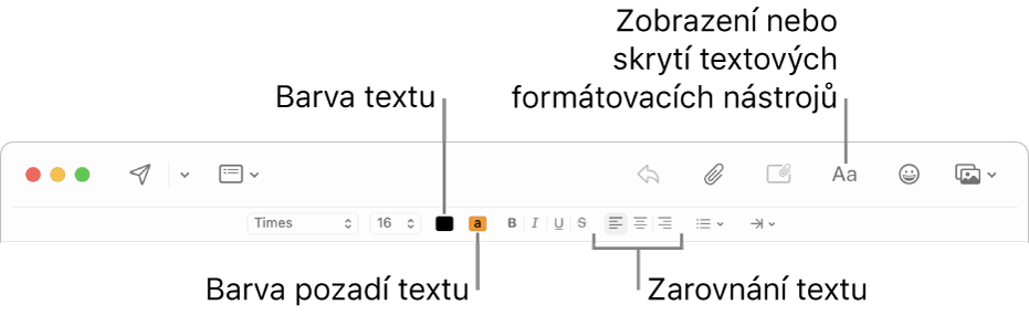 Nástrojový a formátovací panel v okně nové zprávy, v němž je vyznačena barva textu, barva pozadí textu a tlačítka pro zarovnání textu