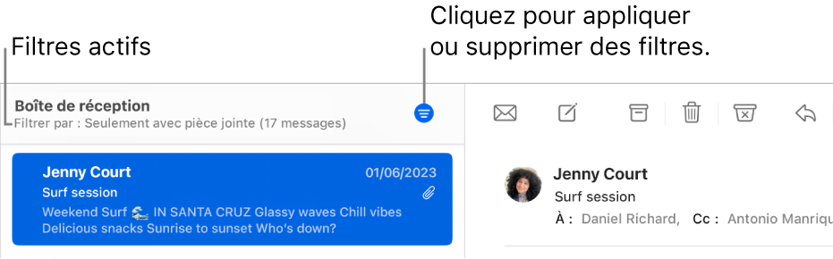 La fenêtre de Mail montrant la barre d’outils au-dessus de la liste des messages, avec les filtres appliqués par Mail, comme « Seulement des VIP ».