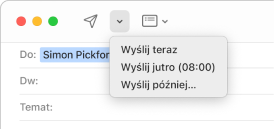 Menu w oknie wiadomości z różnymi opcjami wysłania wiadomości email: Wyślij teraz, Wyślij jutro (8:00) oraz Wyślij później.