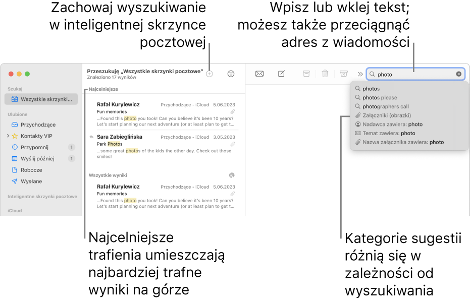 Przeszukiwana skrzynka pocztowa jest wyróżniona na pasku szukania. Aby szukać w innej skrzynce pocztowej, kliknij w jej nazwę. Możesz wpisać lub wkleić tekst w polu szukania lub przeciągnąć adres email z wiadomości. Kolejne propozycje będą się pojawiały poniżej na bieżąco. Są zgrupowane w kategoriach, takich jak Temat lub Załączniki, w zależności od szukanego tekstu. Funkcja Najcelniejsze trafienia umieszcza najbardziej istotne wyniki na samej górze.