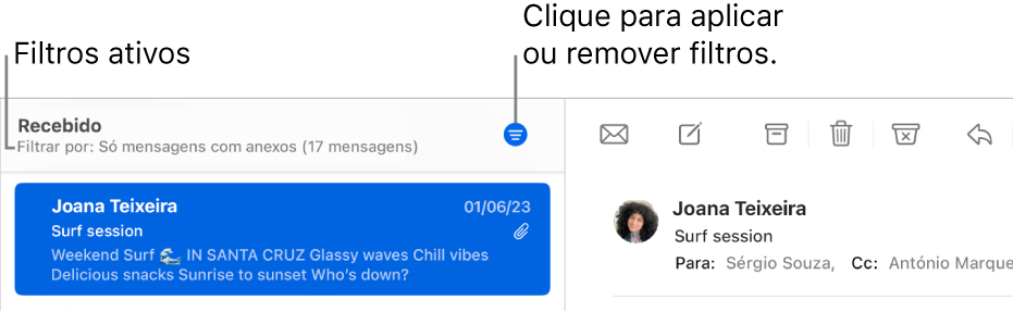 A janela do Mail a mostrar a barra de ferramentas por cima da lista de mensagens, em que o Mail indica que filtros (como “Apenas de VIP”) são aplicados.
