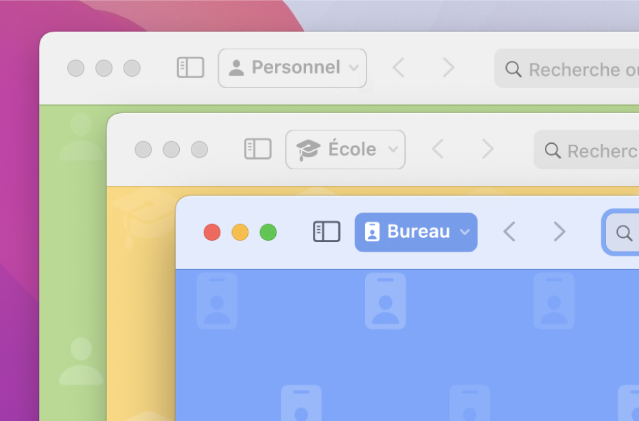 Trois fenêtres de profil Safari : une pour une utilisation personnelle, une pour les études et une pour le travail.