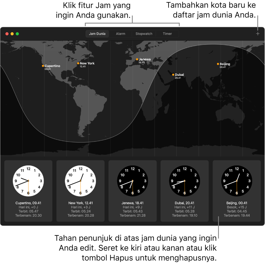 Peta dunia menampilkan waktu lokal, matahari terbit, dan matahari terbenam di beberapa kota di seluruh dunia.
